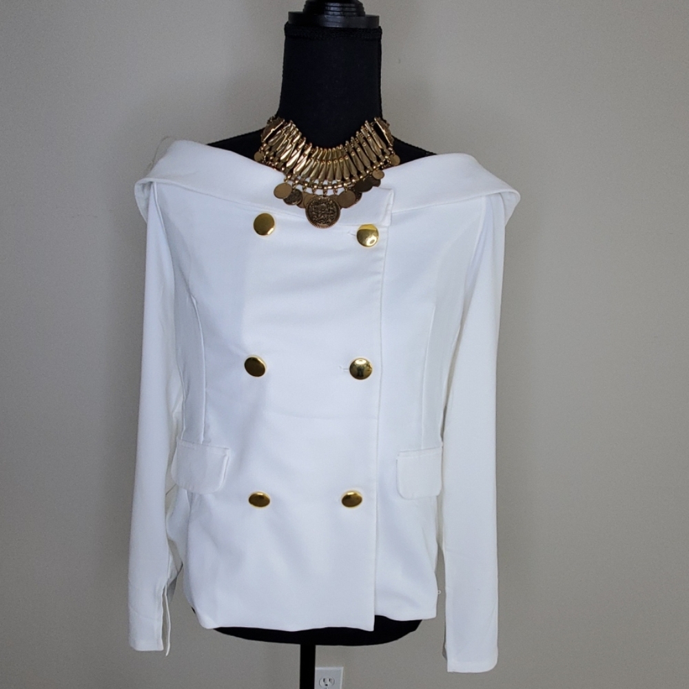 White and gold off the shoulders blazer
